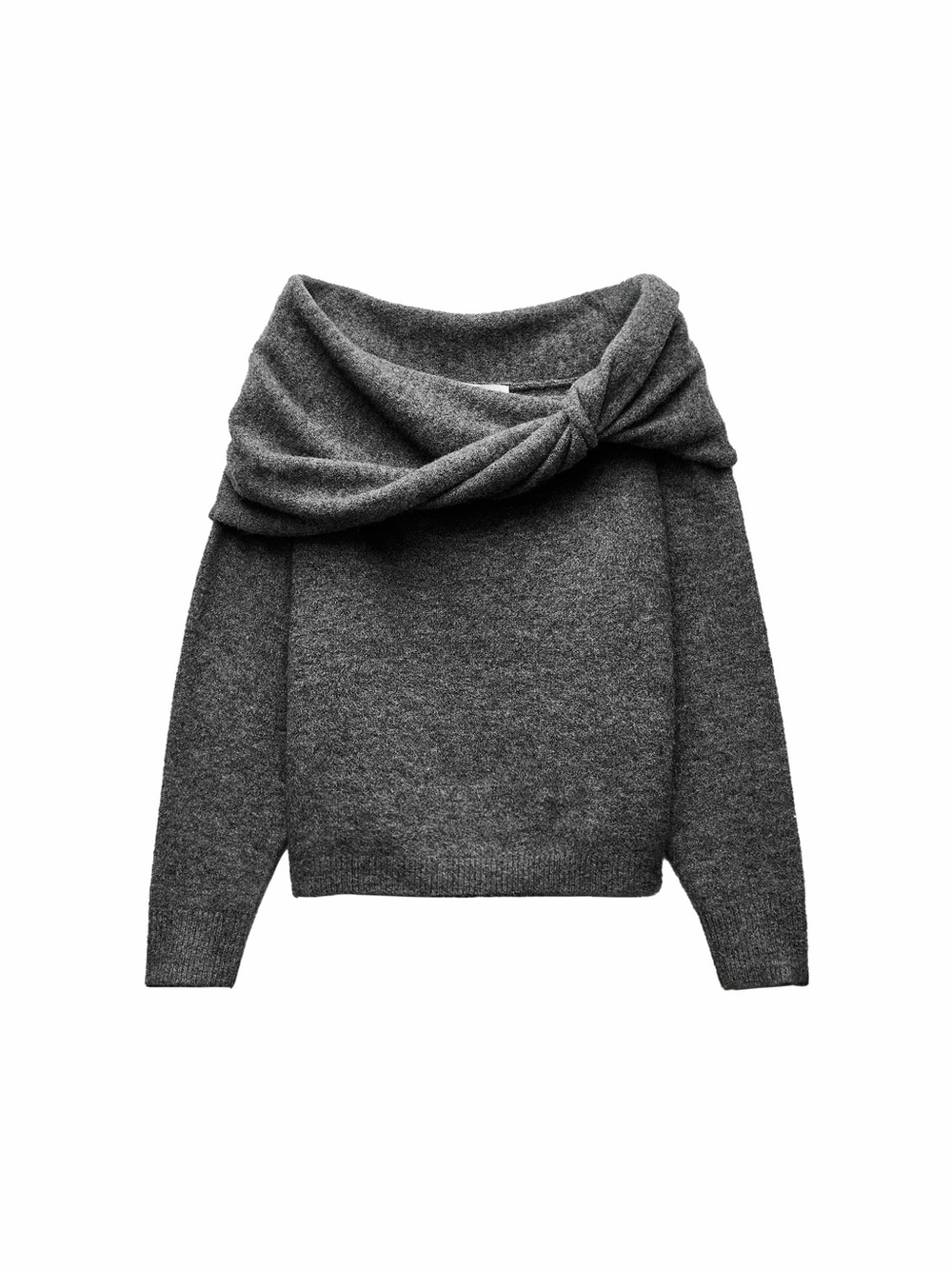 Zara Off Shoulder Knit Sweater Gray Twist Front Draped Collar Large